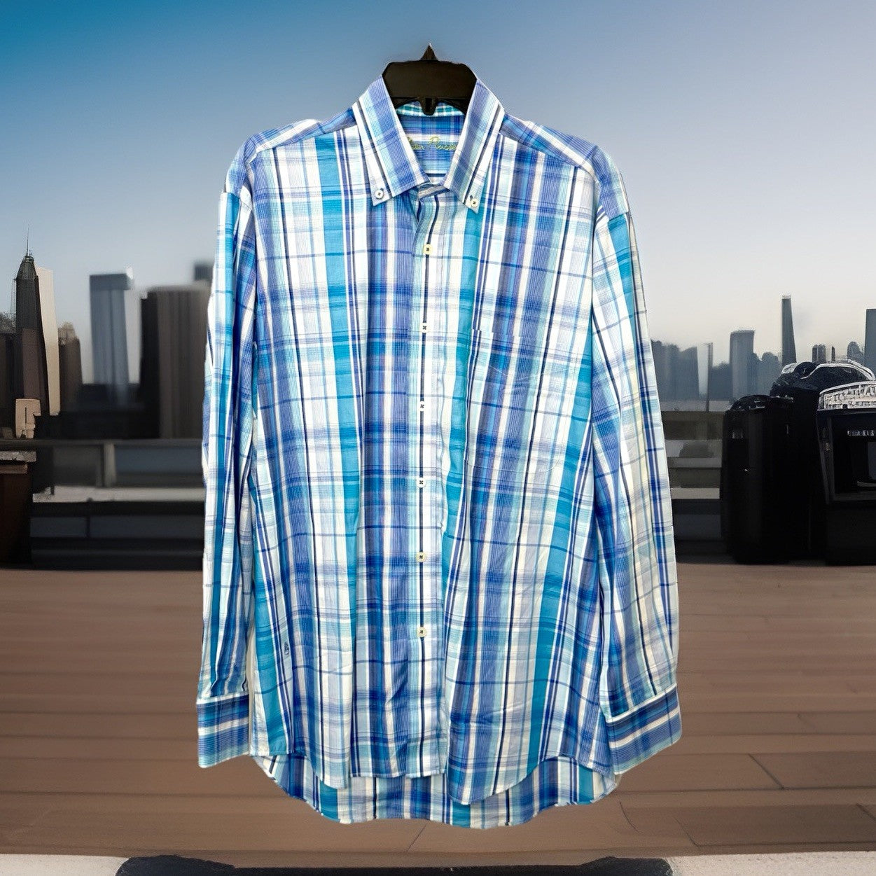 Alan Flusser Men Shirt Medium M Blue Plaid Long Sleeve Button Down Cotton Casual