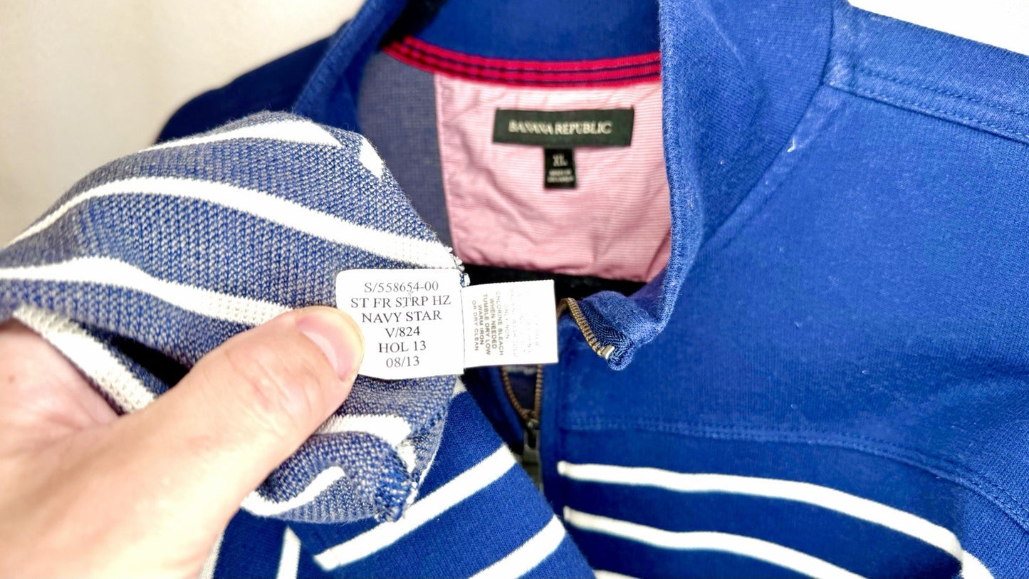 Banana Republic Sweatshirt Men’s XL Blue White Stripe Knit 100% Cotton 1/4 Zip