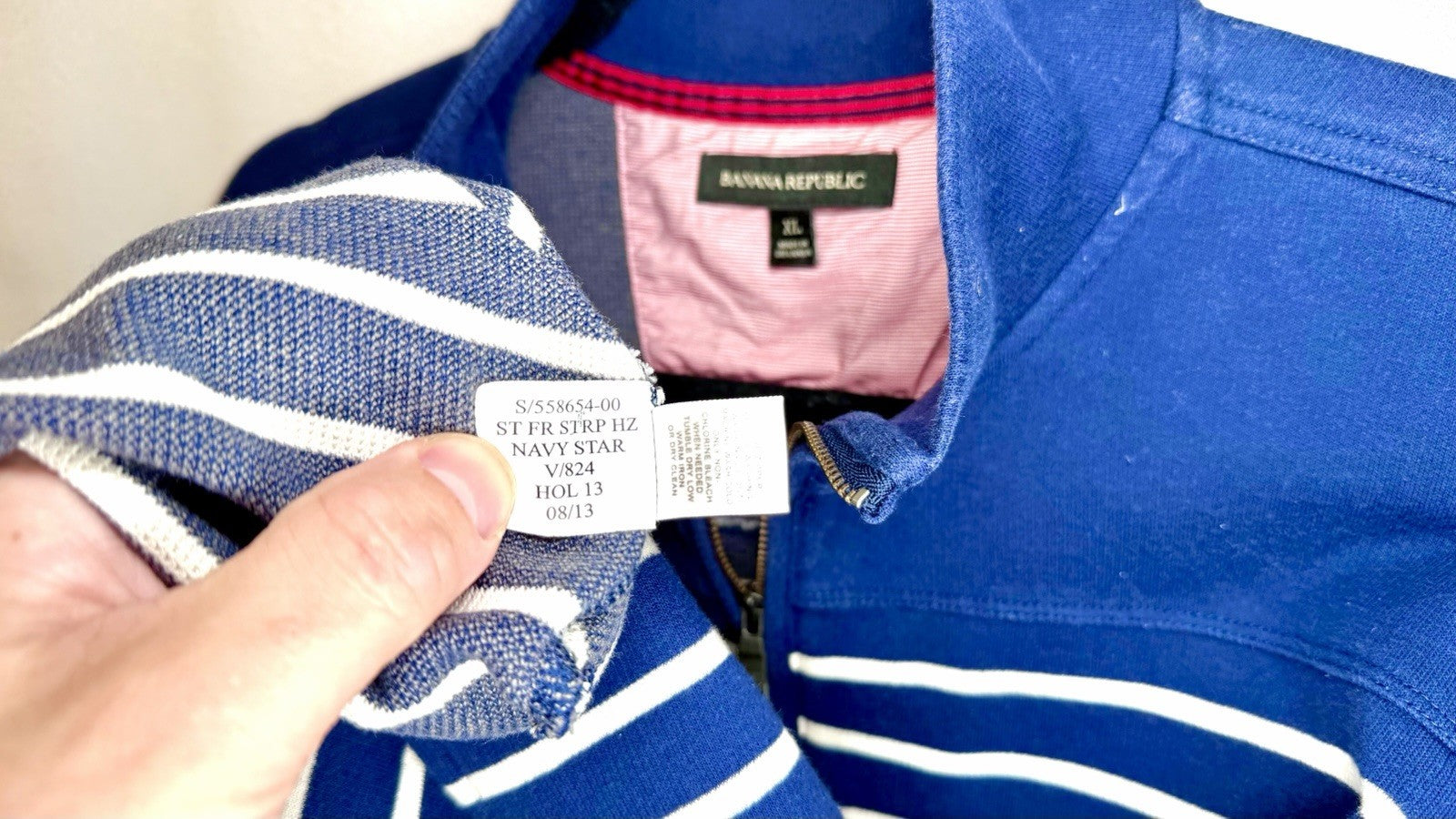 Banana Republic Sweatshirt Men’s XL Blue White Stripe Knit 100% Cotton 1/4 Zip