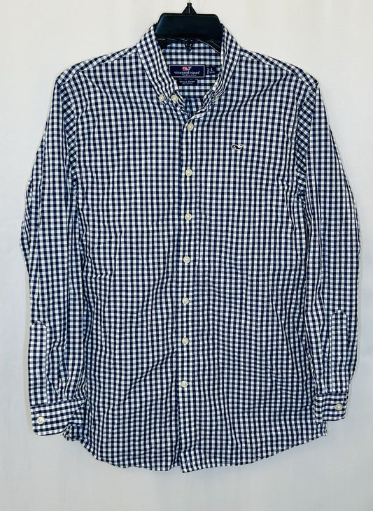 Boys Vineyard Vines L 16-18 Blue Check Long Sleeve Button Up Shirt / Whale Shirt