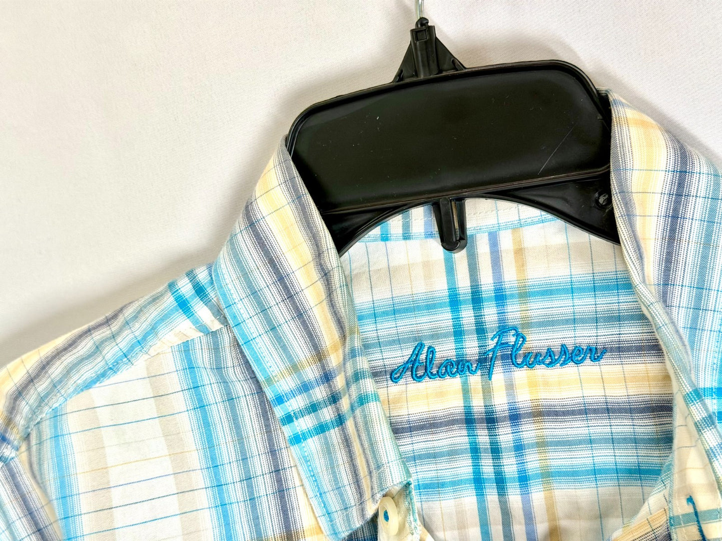 Alan Flusser Men's Size S Plaid Button Down Shirt Long Sleeve 100% Cotton Blue
