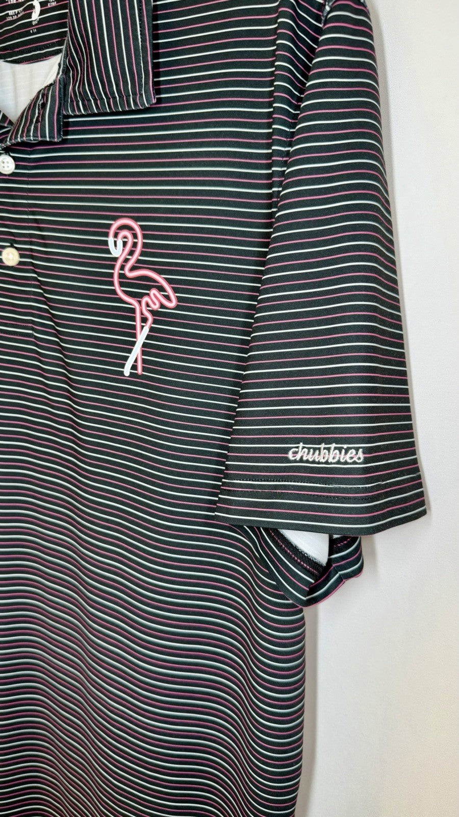 Chubbies Performance Golf Polo Shirt Navy Blue Striped Flamingo Mens M Medium