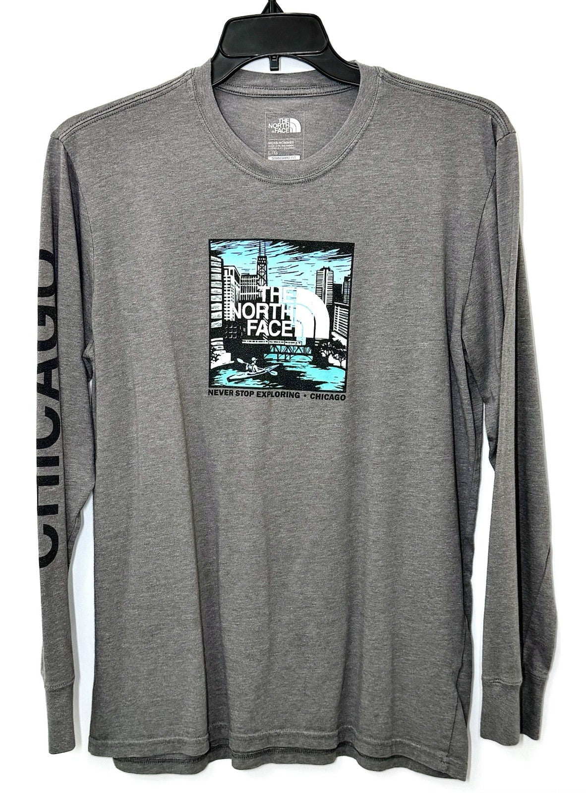 THE NORTH FACE Never Stop Exploring CHICAGO Grey L/S Graphic Tee Size Large RARE