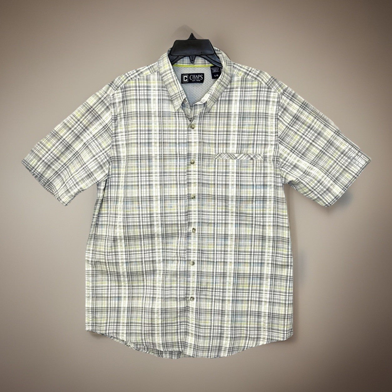 Chaps Shirt Mens Large Button Down Shirt Short Sleeve Grey Easy Care