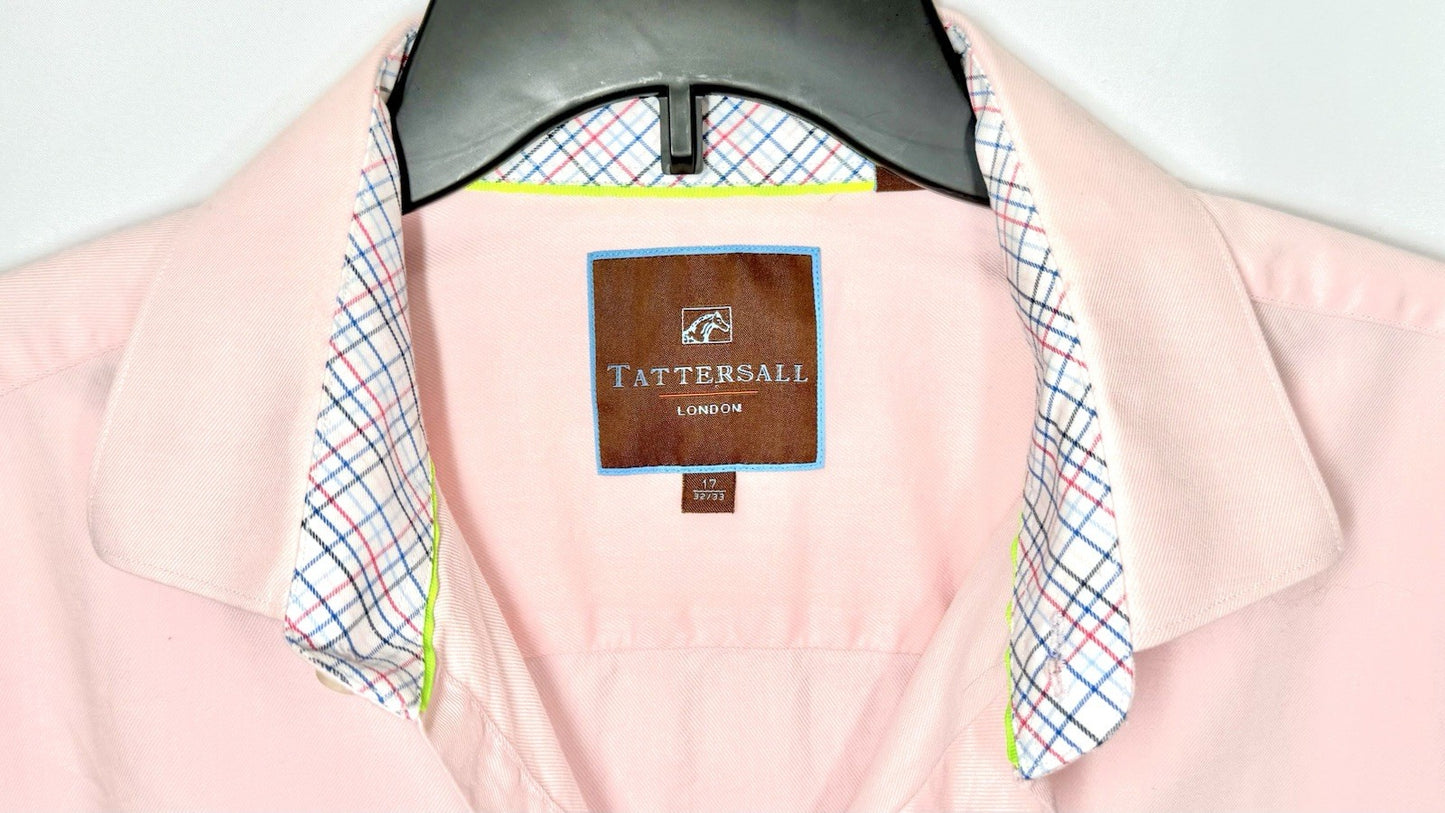 Tattersal London shirt men's large 17 32-33 pink white check long sleeve