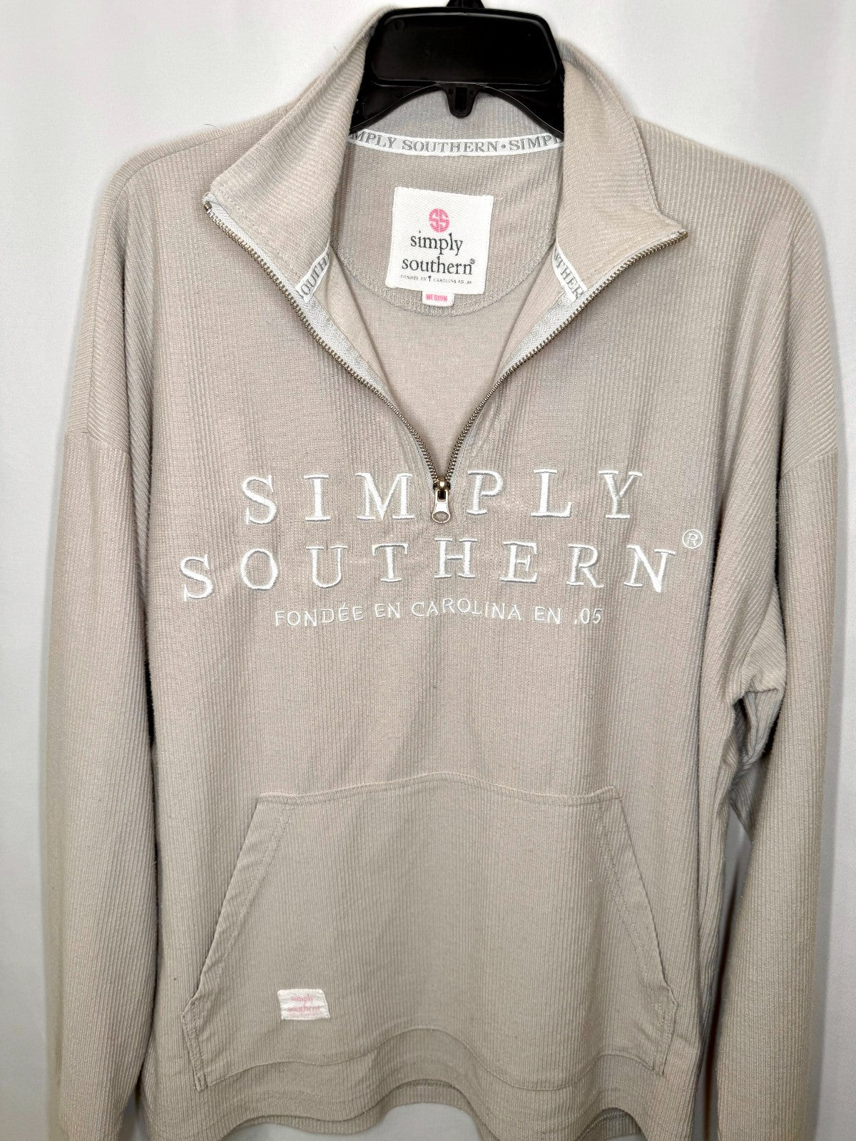 Simply Southern Womens Medium Quarter Zip Ribbed Pullover Sweatshirt Taupe Grey