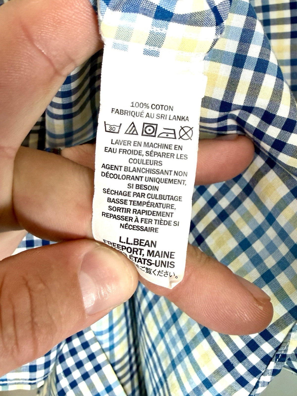 LL Bean Shirt Mens Medium White Blue Yellow Plaid Button Up Long Sleeve Cotton