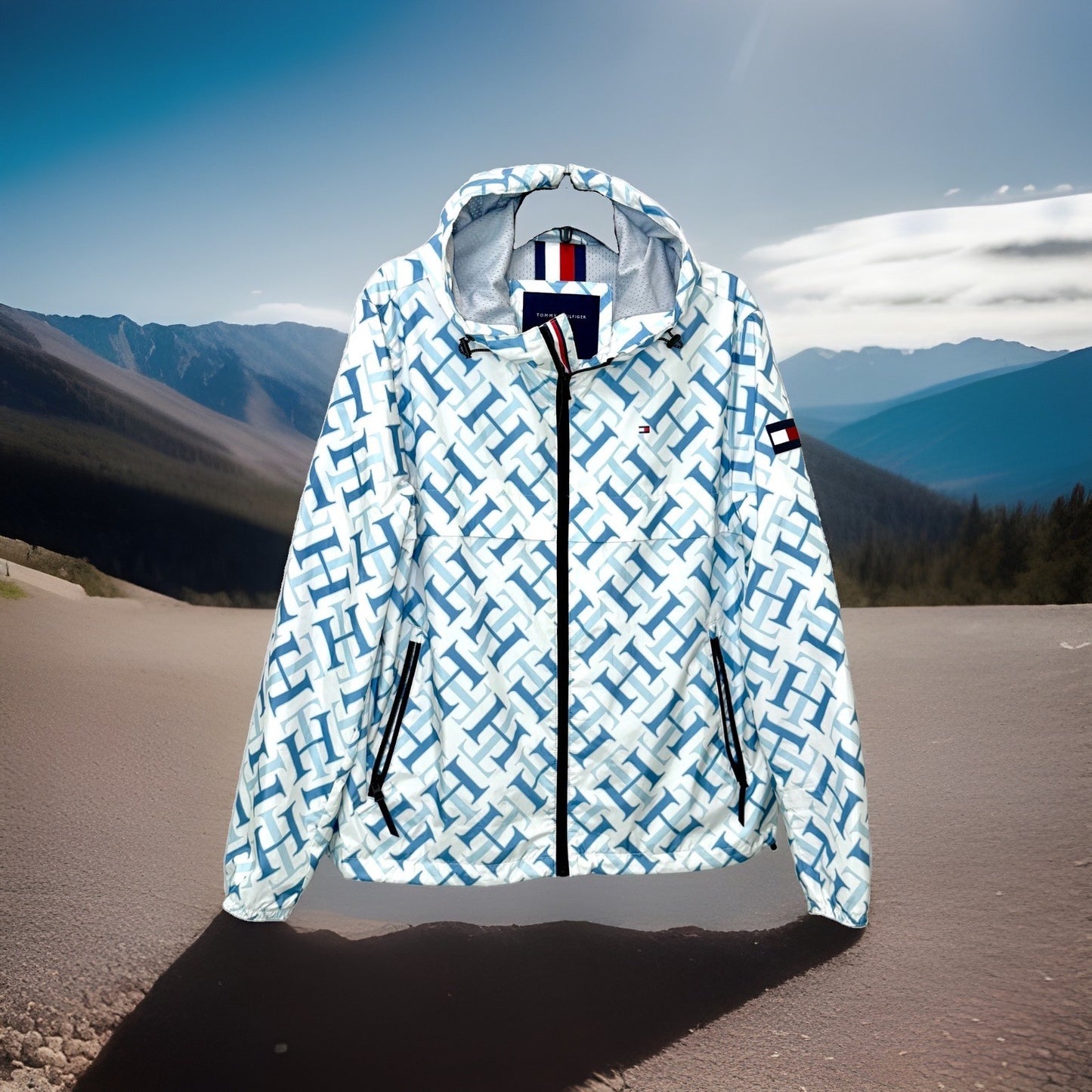 Tommy Hilfiger Womens M Windbreaker Jacket Hooded Monogram Print Water Resistant
