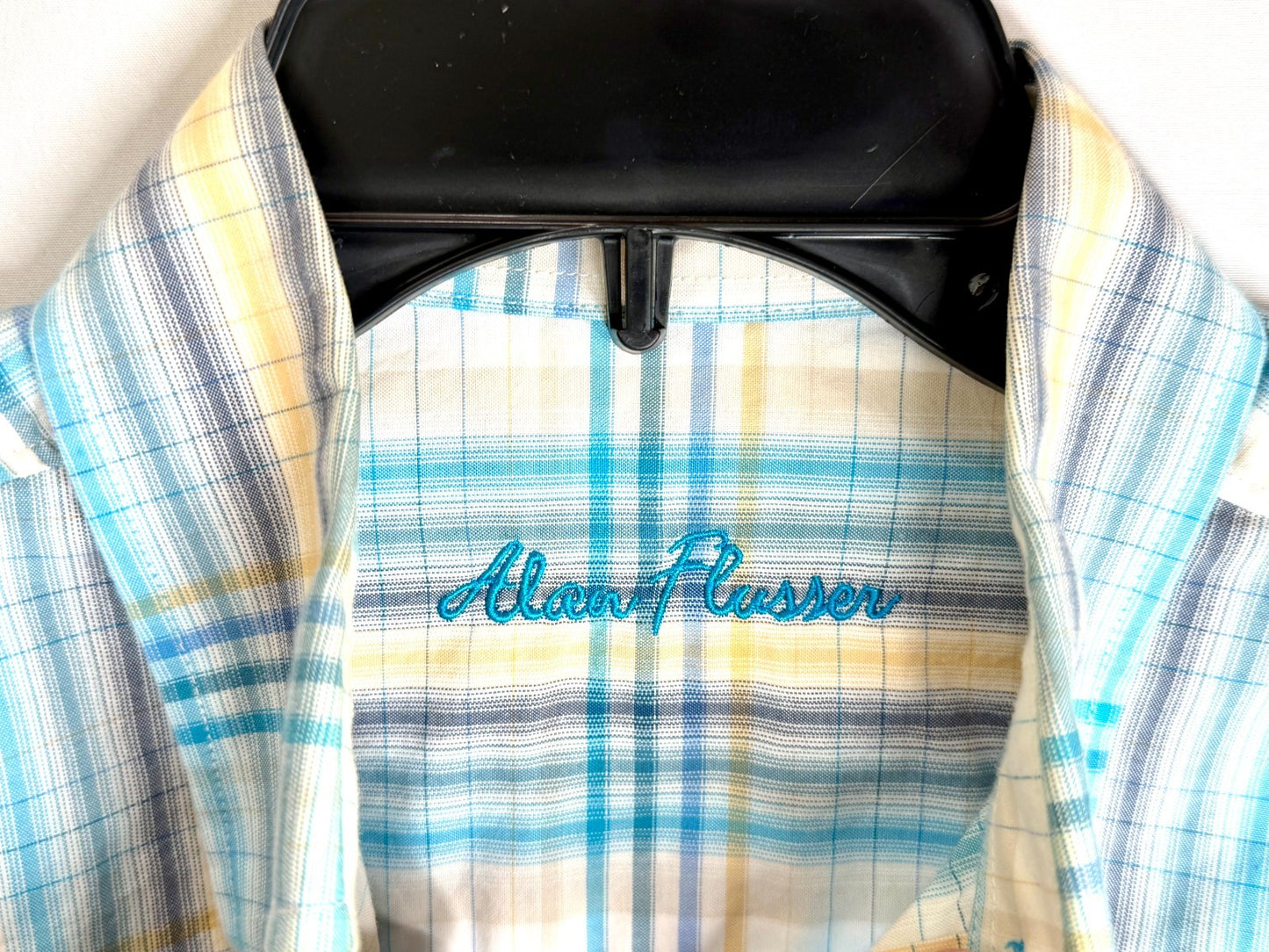 Alan Flusser Men's Size S Plaid Button Down Shirt Long Sleeve 100% Cotton Blue