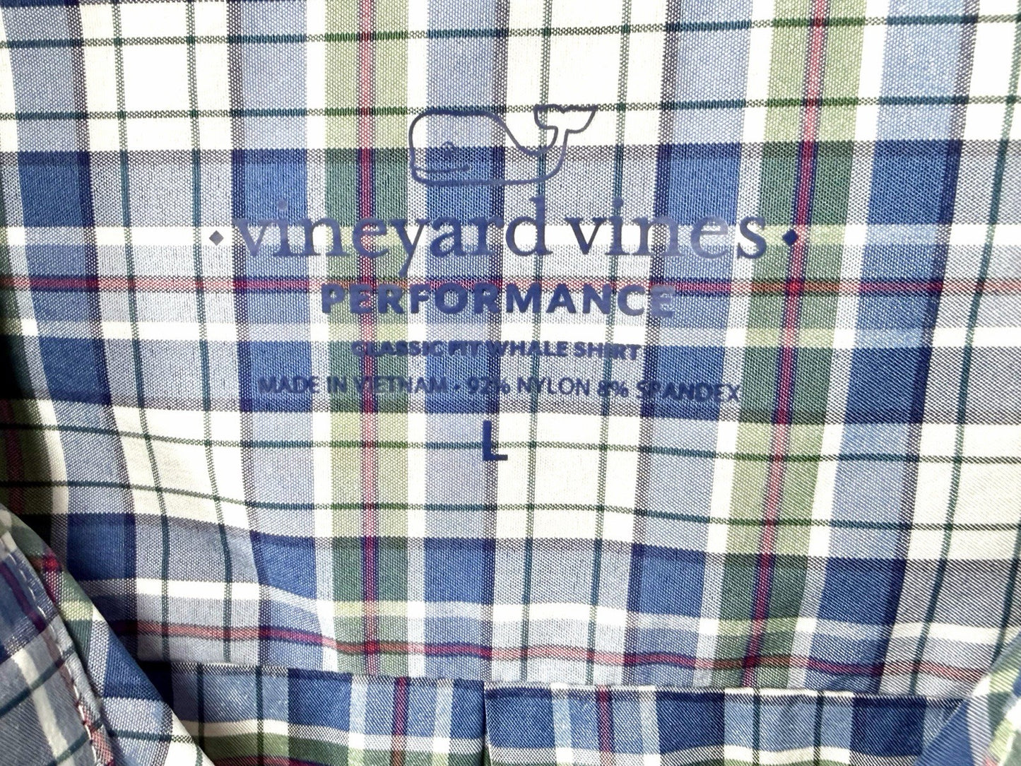 Vineyard Vines Whale Shirt Men Large L Classic Fit Performance Plaid Long Sleeve