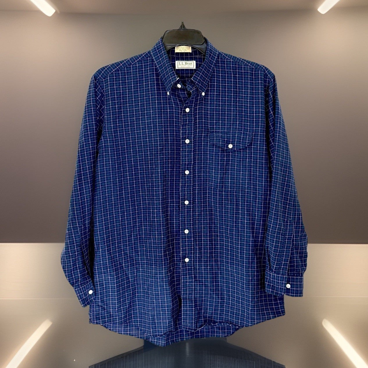 Vintage LL Bean Green and Navy Plaid Button Down Shirt Made in USA Men Sz 17-34