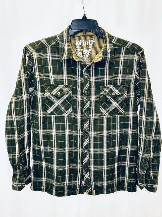 Kuhl Flannel Mens Large Beige Dillingr Plaid Hiking Outdoor Soft Long Sleeve