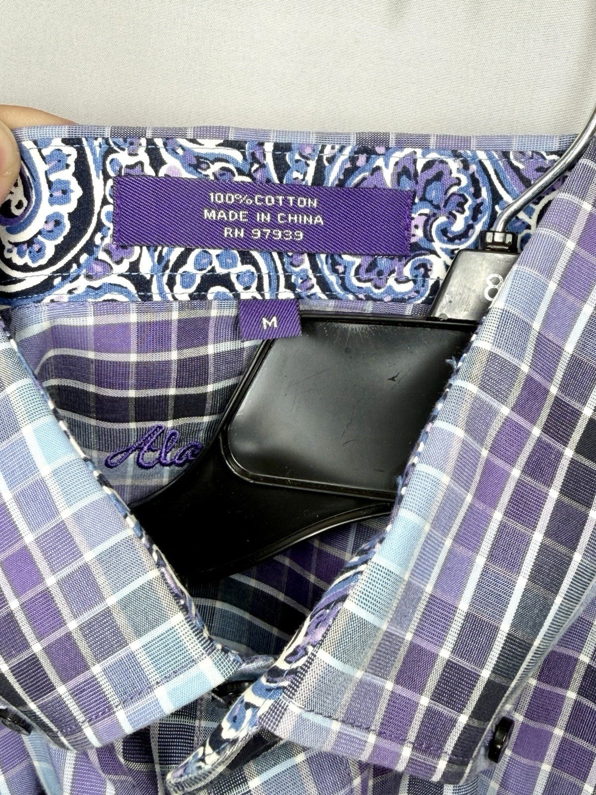 Alan Flusser Mens Medium M Purple Plaid Paisley Trim LS Button Front Sport Shirt