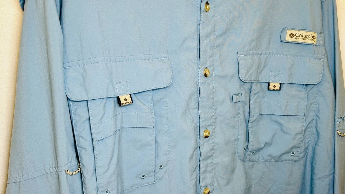 Columbia PFG Blue Long Sleeve Fishing Shirt Mens Size Large Vented Outdoors `