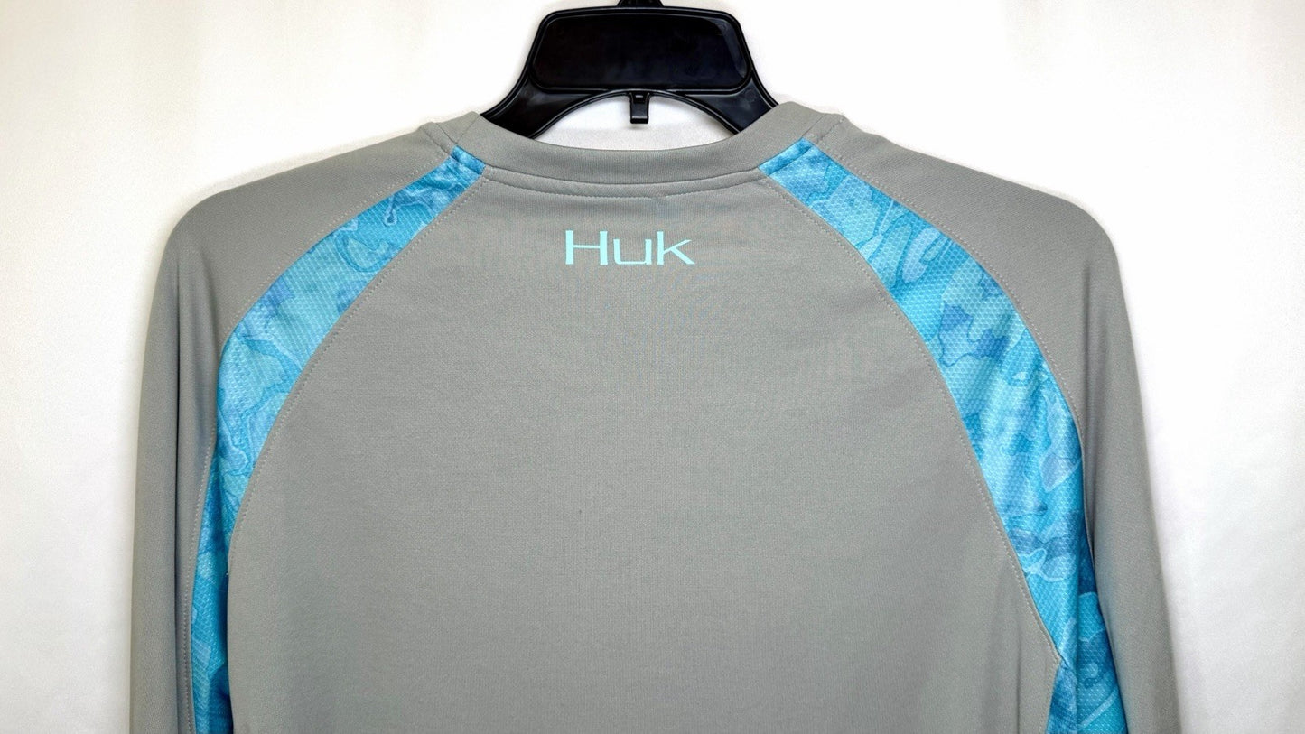 Huk Performance Fishing Shirt Strike Solid Long Sleeve Large Gray w/Blue Logo