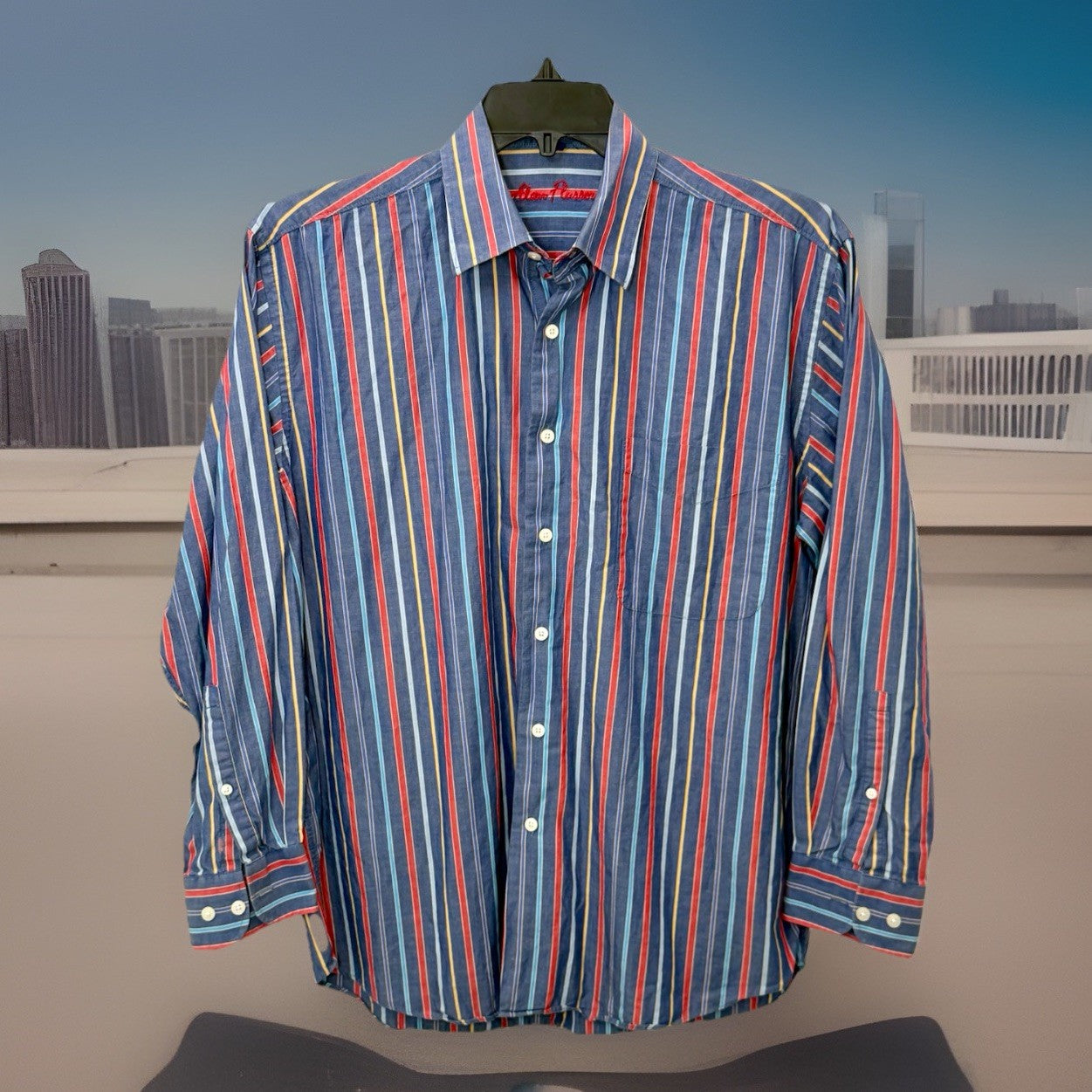 Alan Flusser Mens Medium Striped Button Shirt Blue Red Yellow LS Dress Casual EX