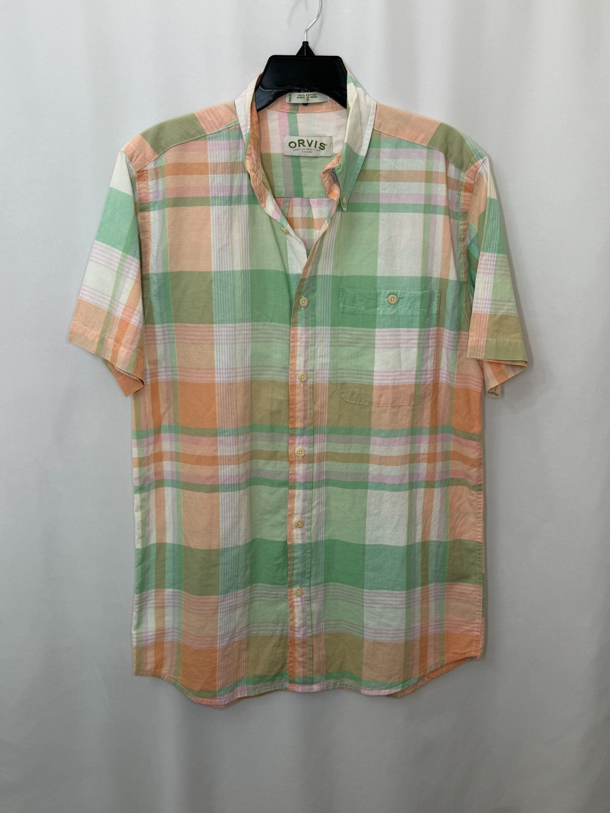Orvis Mens Shirt S Small Green Orange Plaid Short Sleeve Cotton Button Down