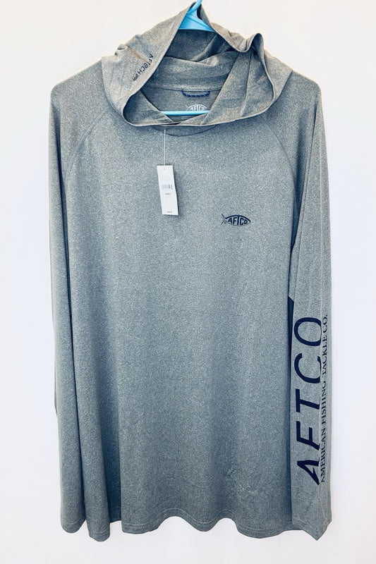 NWT AFTCO SAMURAI HOODED SUN SHIRT - MEN’S SIZE LARGE - GREY WITH BLUE LOGO