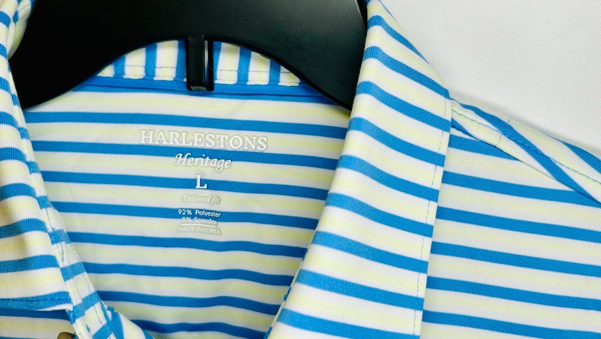 Harlestons Heritage Tailored Fit Striped Golf Polo Shirt Men’s Large Blue/Yellow