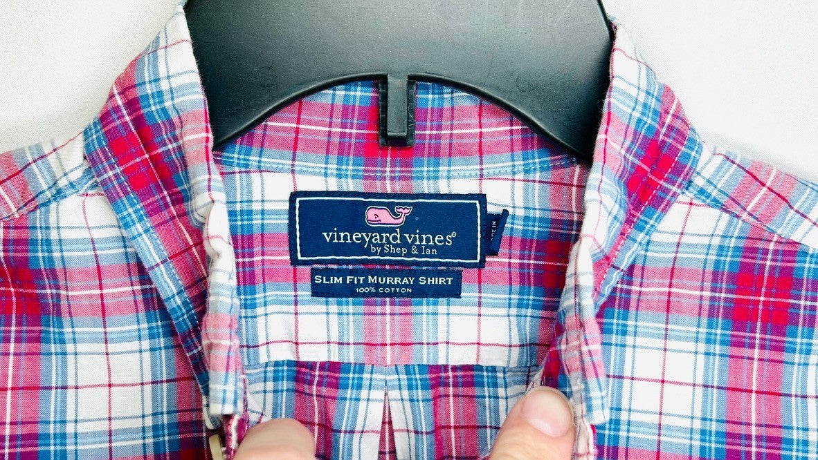 Vineyard Vines Slim Fit Tucker Shirt Men's X-Small plaid blue pink long sleeve