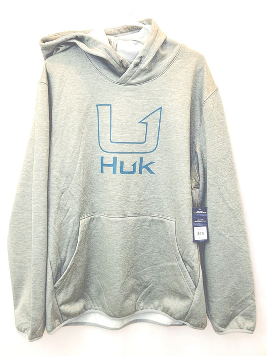 NWT Huk Coldfront+ Performance Logo Hoodie Men’s XL Grey/Light Blue Logo