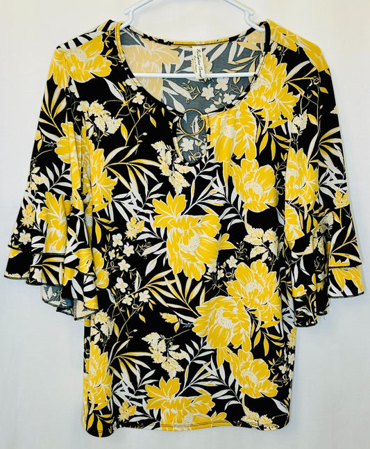 Women's PerSeption Concept Gold & Black Floral Blouse Size Large MSRP $24