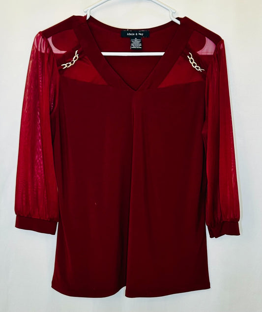 Adele & May Woman's Red Sheer Sleeve V-Neck Blouse Size Medium