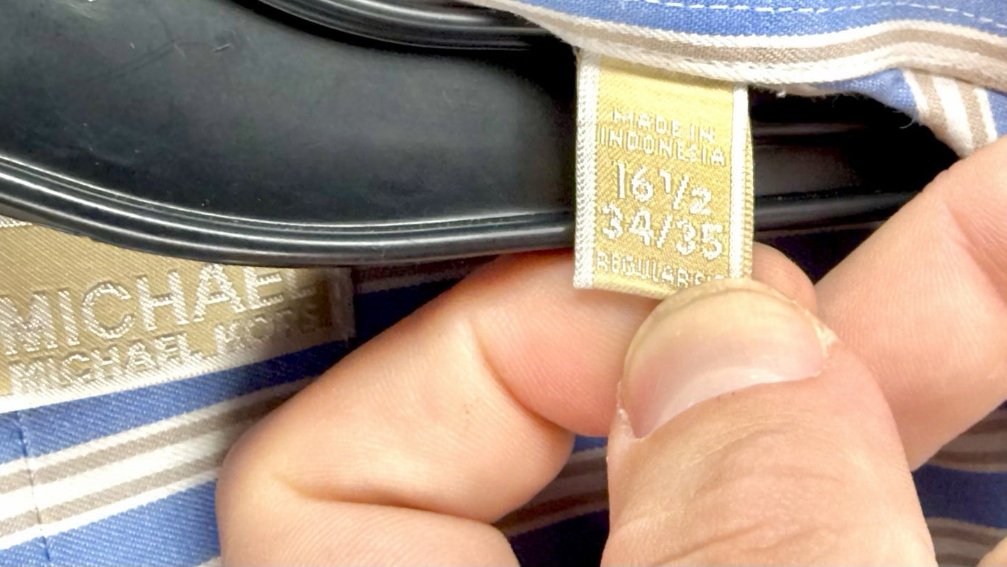 MICHAEL KORS Mens Button-Up Dress Shirt Large 16.5 34/35White Blue Stripe Cotton