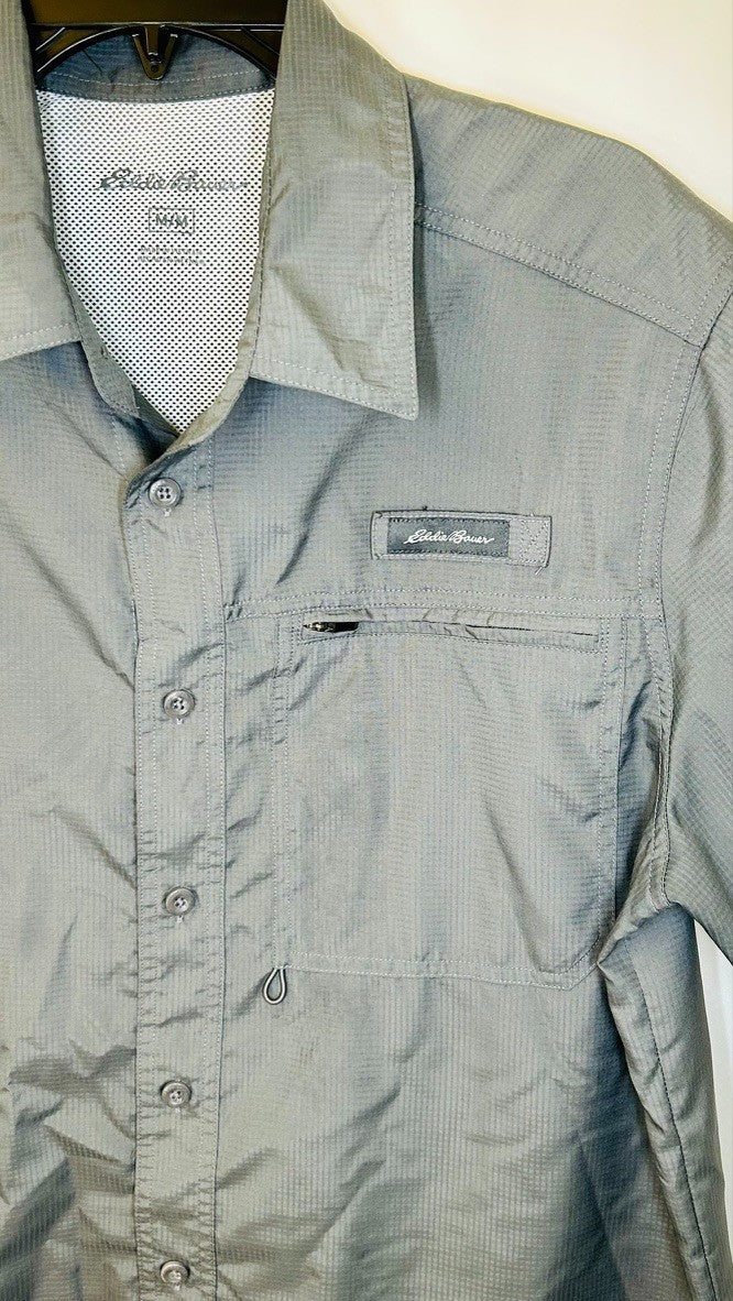 Eddie Bauer Shirt Men's M Gray Tech Woven Vented Pocket Fishing Hiking Outdoor