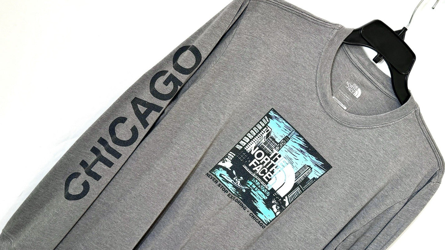 THE NORTH FACE Never Stop Exploring CHICAGO Grey L/S Graphic Tee Size Large RARE
