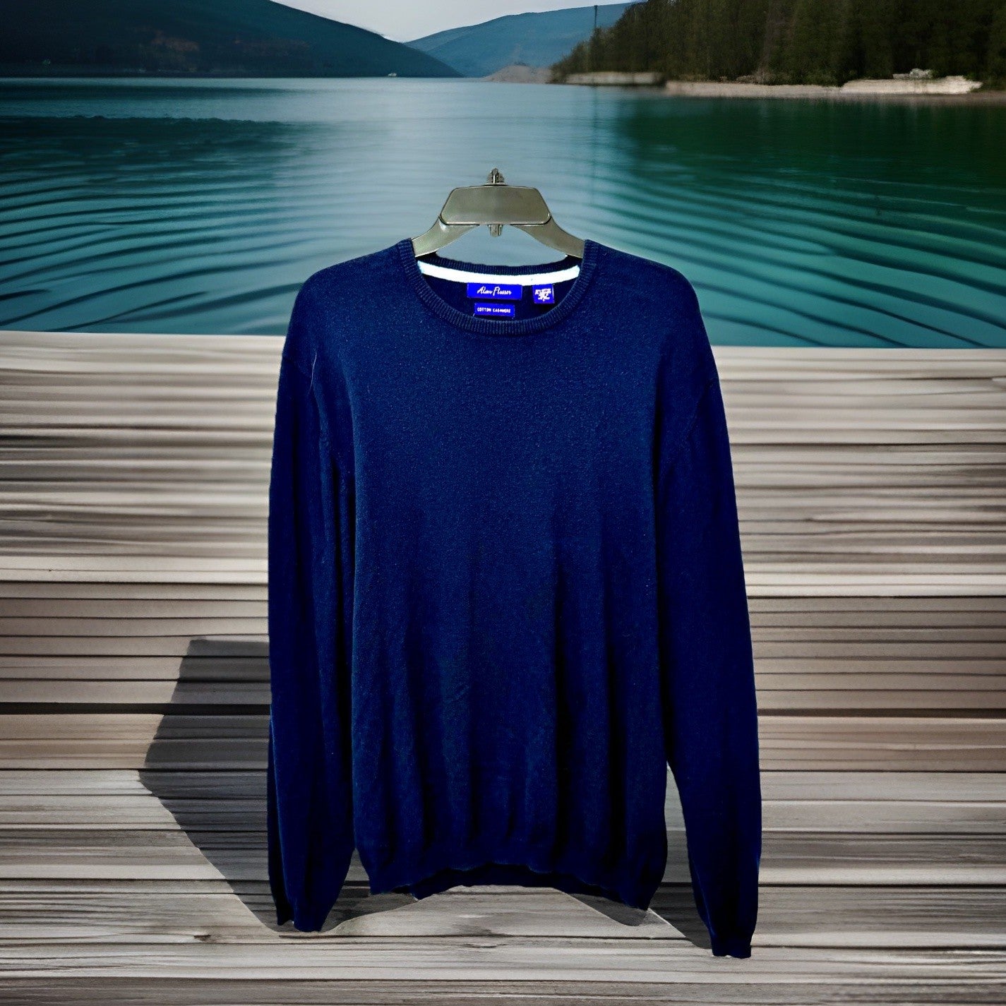 Alan Flusser Men’s Large Pullover Sweater Cotton Cashmere Blue Argyle Crew Neck