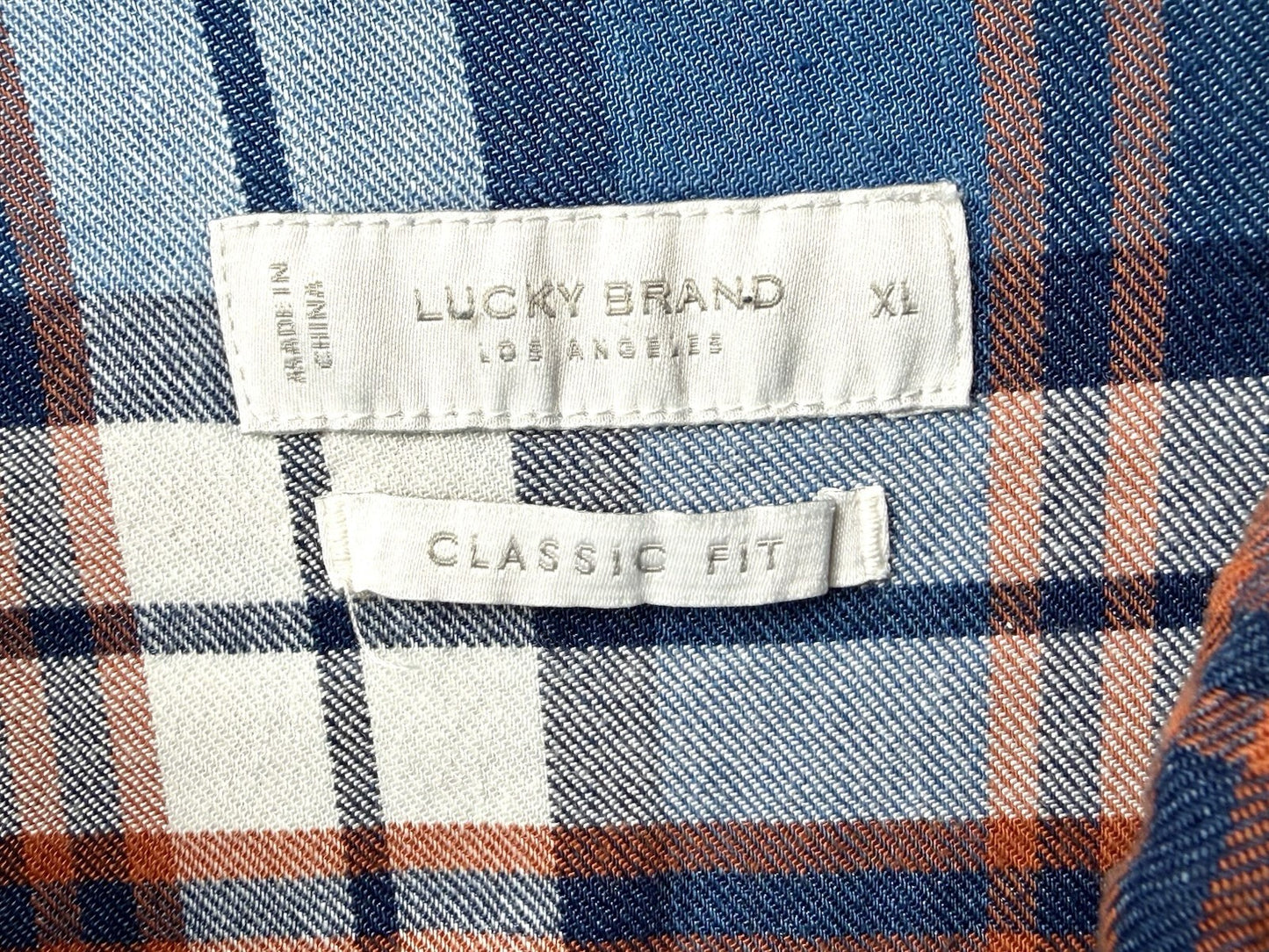 Lucky Brand Men's XL Flannel Shirt Classic Fit Blue Orange Plaid Double Pocket