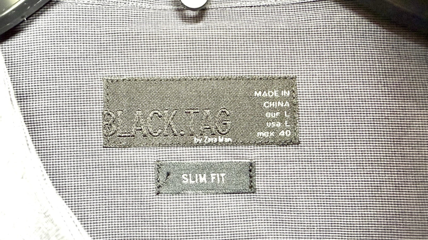 Black Tag By Zara Slim Fit Dress Shirt Men’s L Grey Micro Pindot Gingham