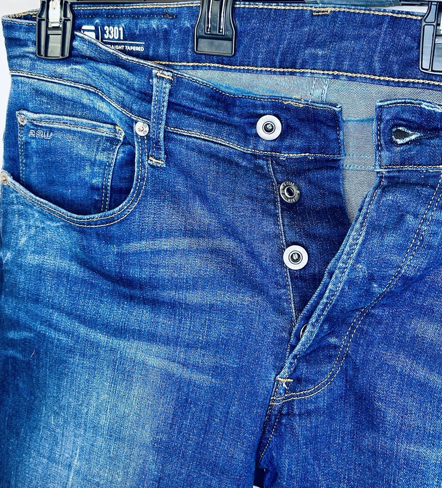 G-Star Raw Jeans Men’s 34x30 Blue Denim Slim 3301 Straight Tapered