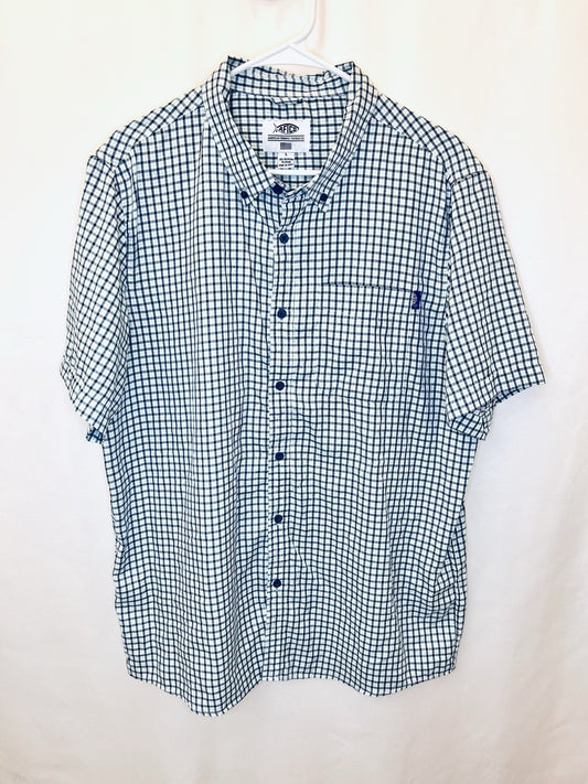American Fishing Tackle Co AFTCO Mens Large Short Sleeve Blue Shirt Plaid Button