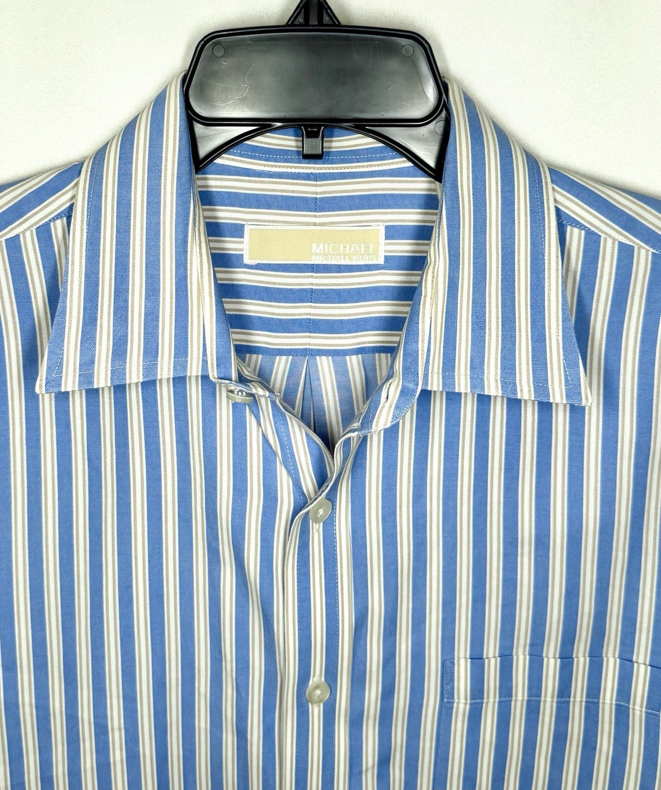 MICHAEL KORS Mens Button-Up Dress Shirt Large 16.5 34/35White Blue Stripe Cotton