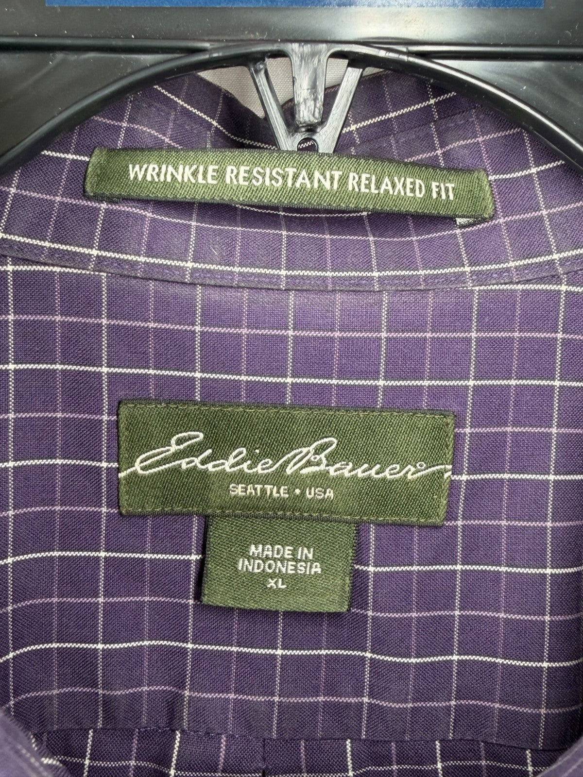 Eddie Bauer Mens Shirt XL Purple Windowpane Grid Wrinkle Resistant Relaxed Fit