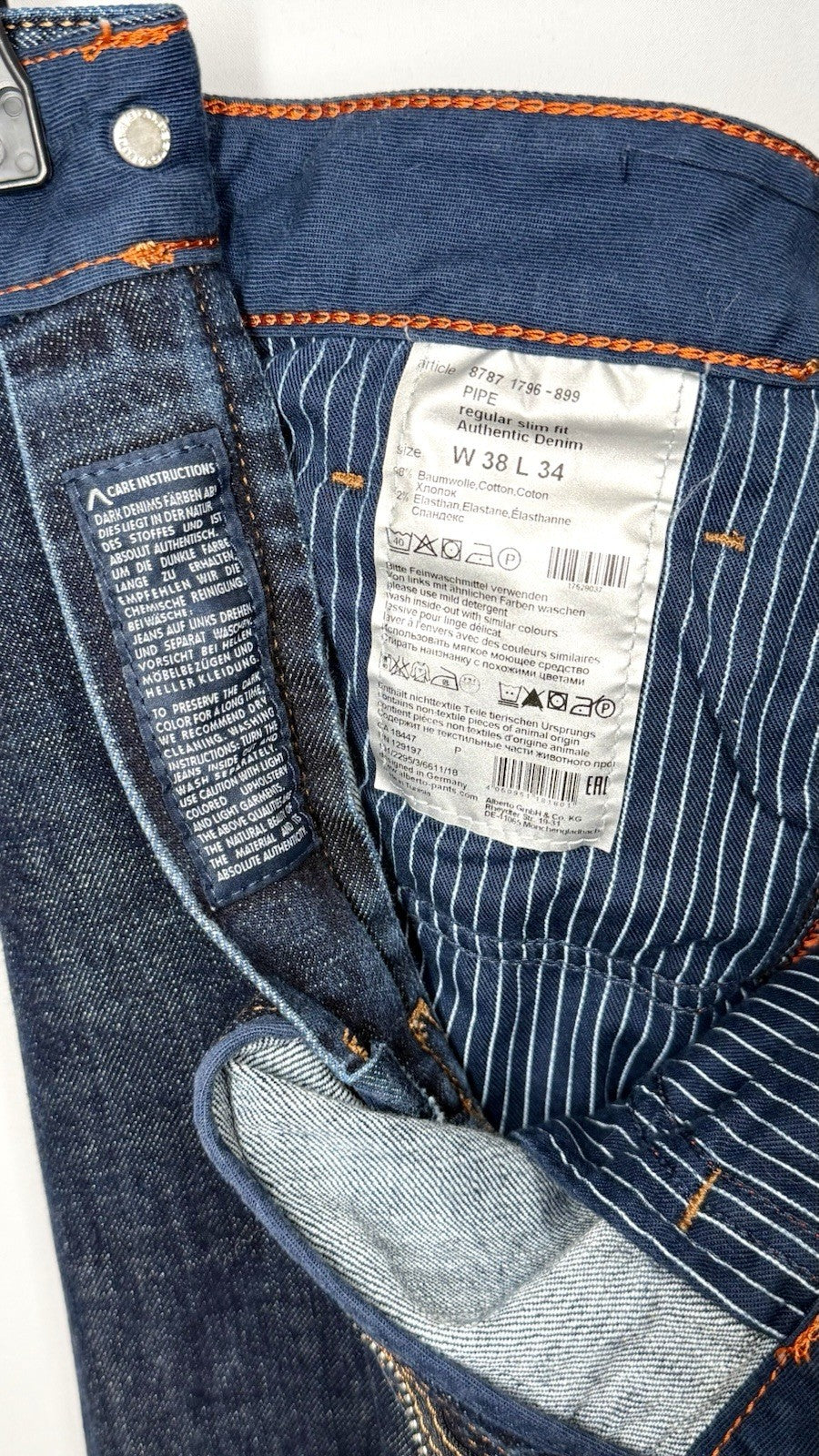 Alberto Pipe Regular Slim Fit Denim Blue Dark Wash 38x30 (Tag 38x34) $245 Retail