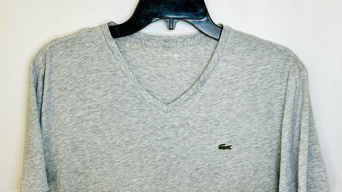LACOSTE Pima Cotton GREY HEATHER V-Neck T-Shirt French , US Large