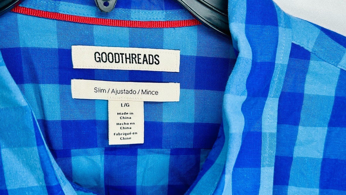 Goodthreads Mens Button Up Shirt  Large Blue Checkered Slim Fit Casual Cotton