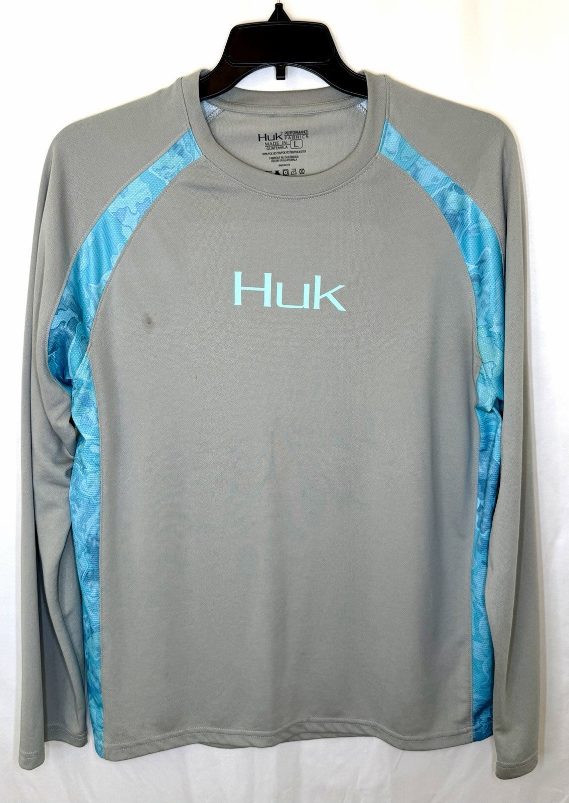 Huk Performance Fishing Shirt Strike Solid Long Sleeve Large Gray w/Blue Logo