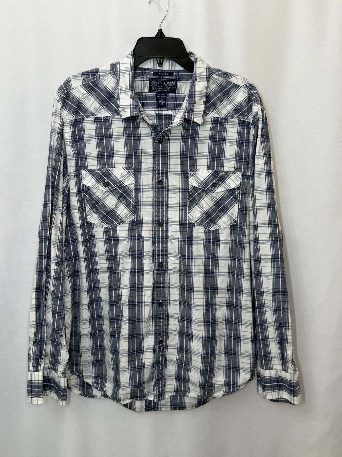 American Rag Mens Shirt XL Gray White Plaid Long Sleeve Button Down Double