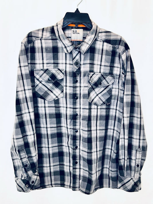 5.11 Tactical Mens Gunner Plaid Shirt Large Blue/White Long Sleeve Cotton Snap