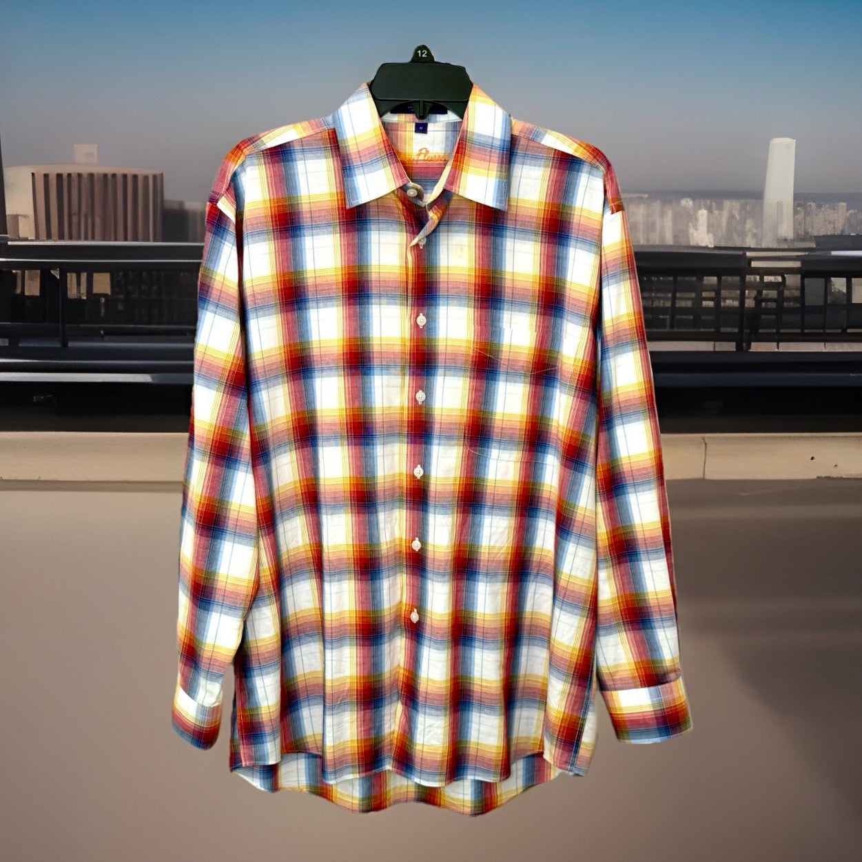 Alan Flusser Mens Shirt Medium M Rainbow Plaid Cotton Long Sleeve Button Down
