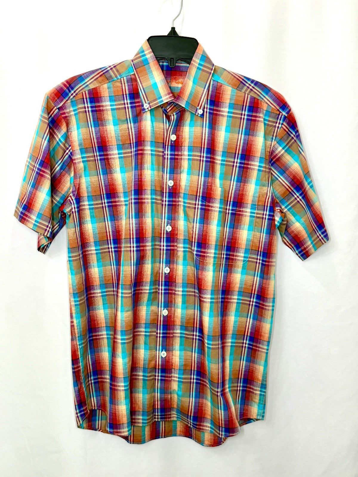 Alan Flusser Men's Small Plaid Short Sleeve Button Down Shirt 100% Cotton RN9793