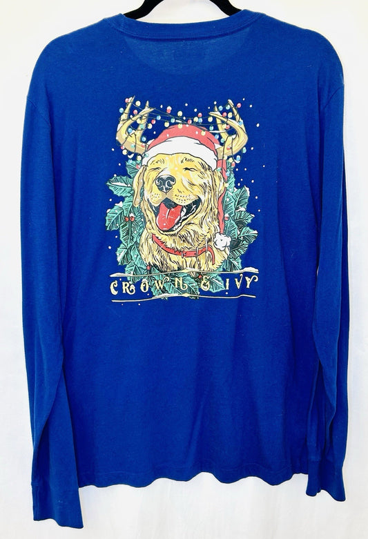 Crown & Ivy Men’s Large Blue Long Sleeve Golden Retriever Christmas Graphic Tee