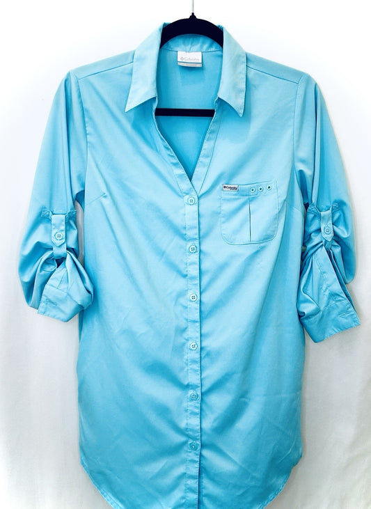 Columbia Woman’s Long Sleeve Roll Tab Lightweight Blouse Stretch Turquoise XS