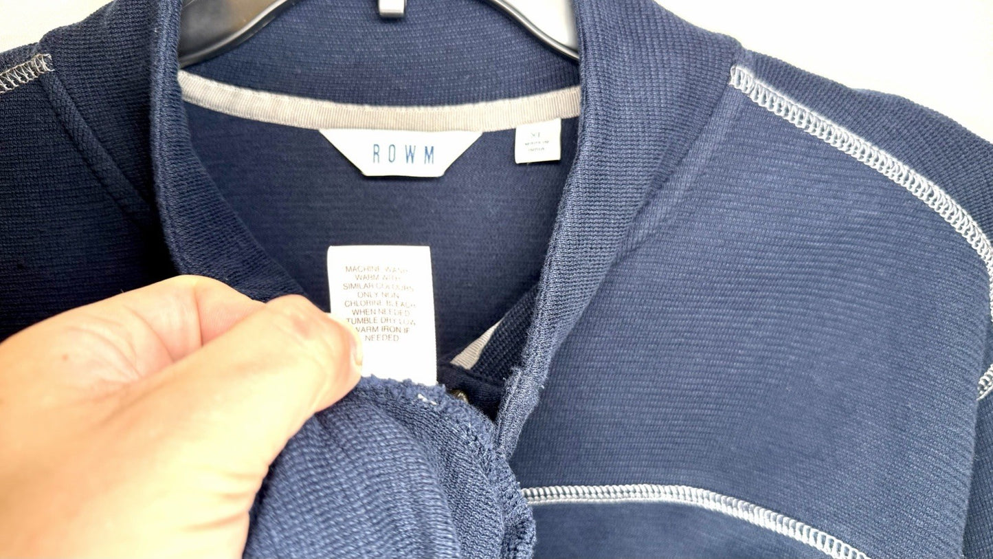 Rowm Men Sweater Pullover  X-Large XL Slub Quarter Snap  100% Cotton Blue
