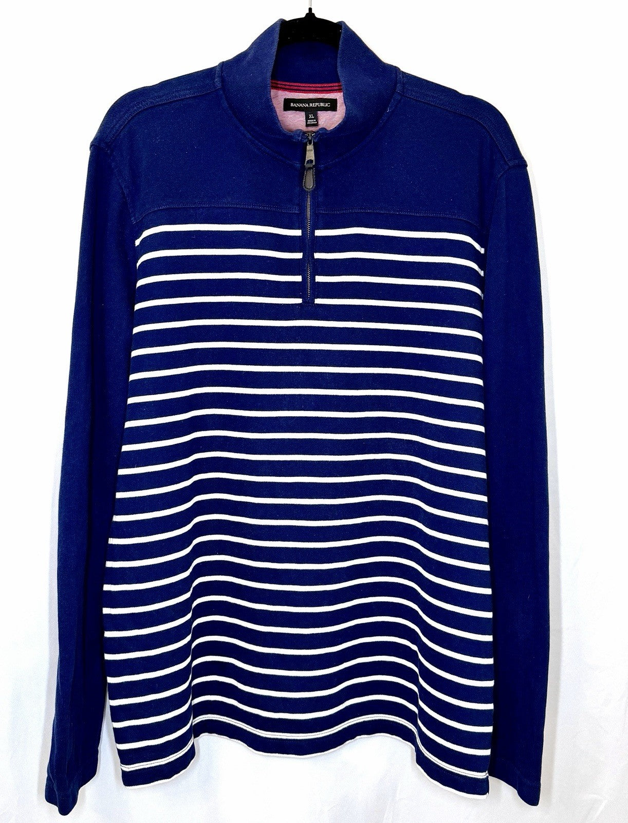 Banana Republic Sweatshirt Men’s XL Blue White Stripe Knit 100% Cotton 1/4 Zip