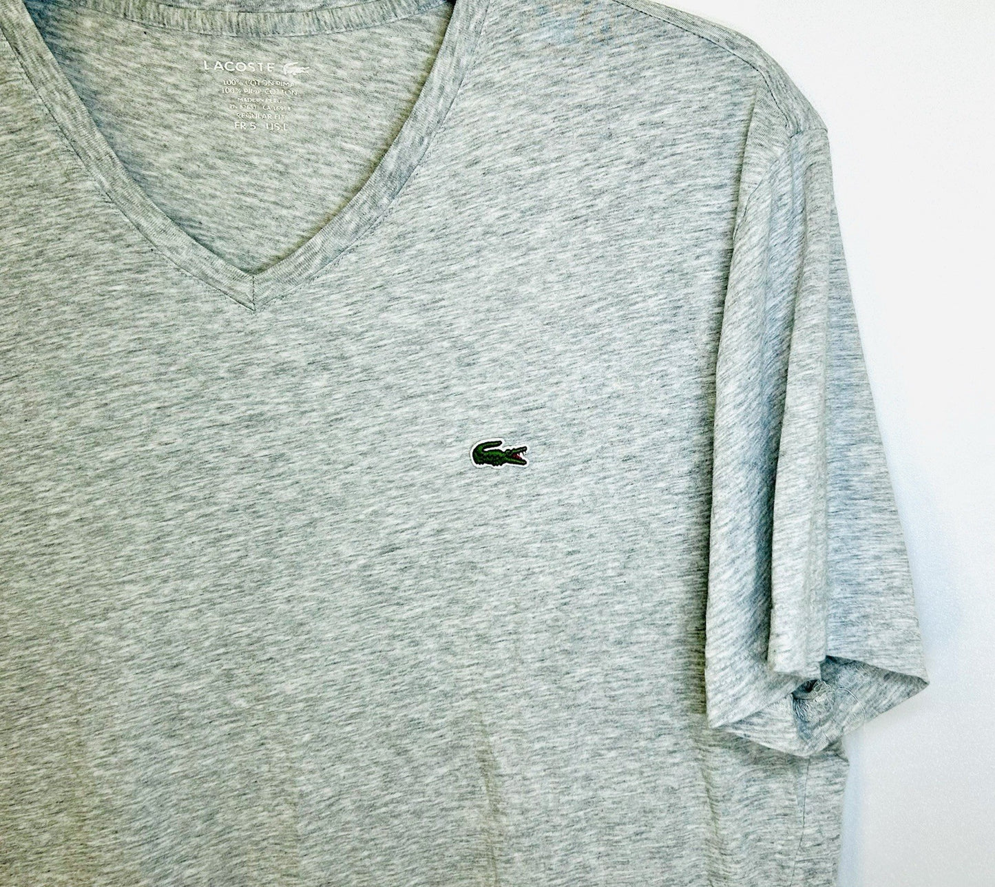 LACOSTE Pima Cotton GREY HEATHER V-Neck T-Shirt French , US Large